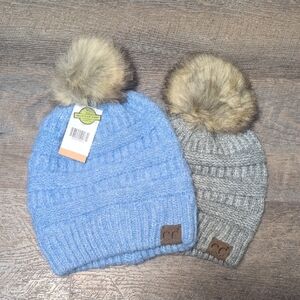 Set Of 2 C.C. Knit Beanies With Pom-Poms